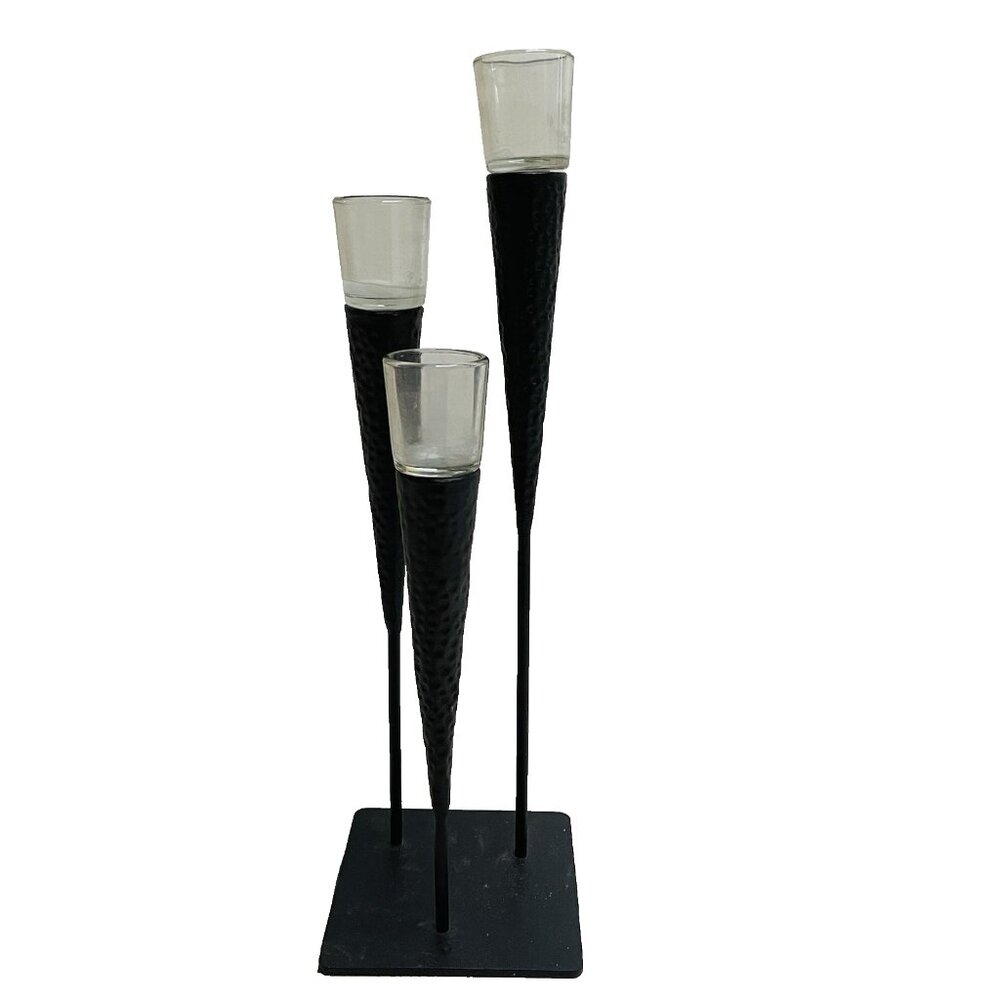 MCM Candelabra 3 Candle Holder Hammered Dimple‎ Heavy Metal Tall Modern Century